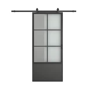 24 in. x 84 in. 3/4 Lites Frosted Glass Black Steel Frame Interior Sliding Barn Door with Hardware Kit and Door Handle