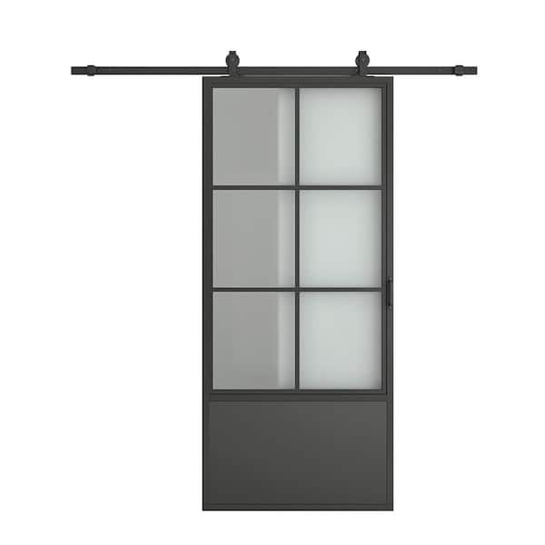 CALHOME 24 in. x 84 in. 3/4 Lites Frosted Glass Black Steel Frame Interior Sliding Barn Door with Hardware Kit and Door Handle