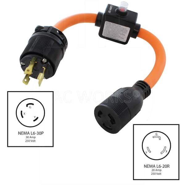 AC WORKS 30A 3-Prong L6-30P Locking Plug to L6-20 Outlet with 20A