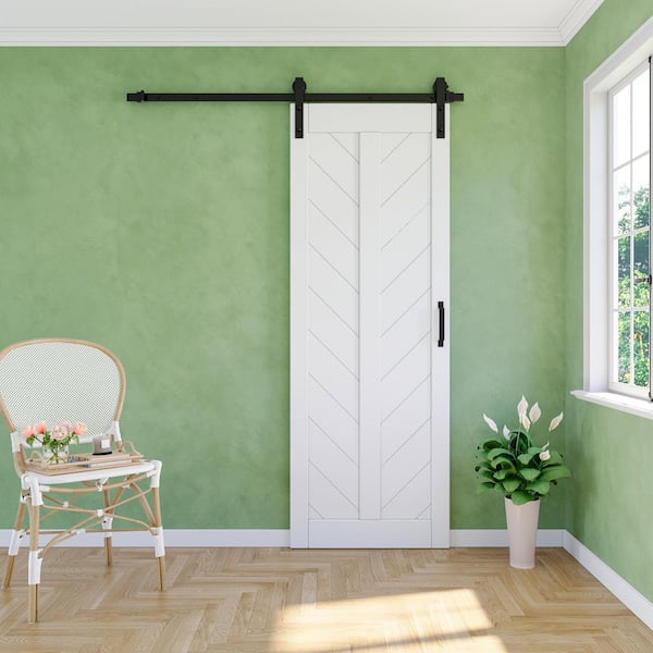 30 in. x 84 in. White Finished Solid Core MDF Herringbone Shape Sliding Barn Door Slab with Hardware Kit and Soft Close