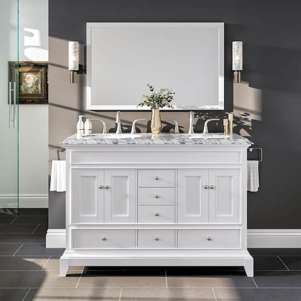 Eviva Elite Stamford 48 in. W x 22 in. D x 34 in. H Bath Vanity in White  with Carrera Marble Top in White with White Sinks EVVN709-48WH-DS - The  Home Depot