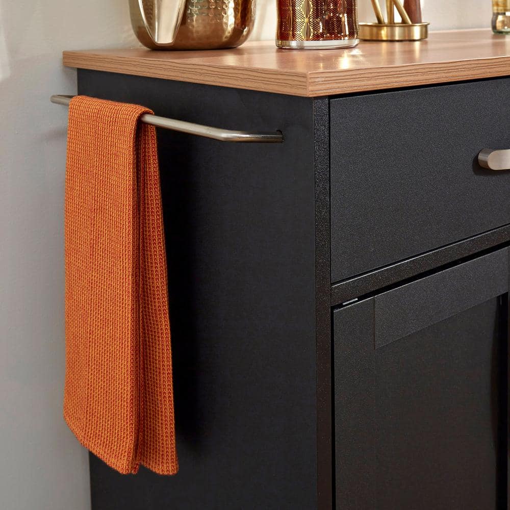 Black Wood Kitchen Cart with Natural Laminate Top and Storage
