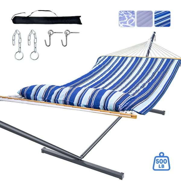 GYROOR 12 ft. Double Hammock with Stand for Outdoor, 2-Person Hammock with Detachable Pillow, Blue