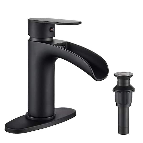 androme Waterfall Single Hole Single Handle Mid-Arc Bathroom Faucet with Deckplate Pop Up Drain Assembly in Matte Black