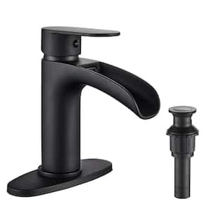 Waterfall Single Hole Single Handle Mid-Arc Bathroom Faucet with Deckplate Pop Up Drain Assembly in Matte Black