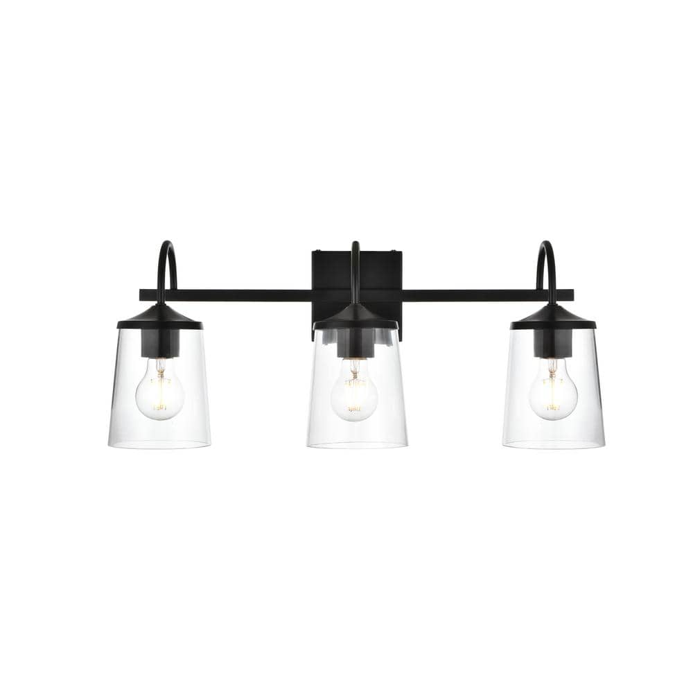 Simply Living 24 in. 3-Light Modern Black Vanity Light with Clear Bell Shad
