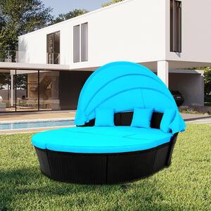 Round 7-Pieces Outdoor Wicker Sunbed Combination Sofa with Blue Washable Cushions