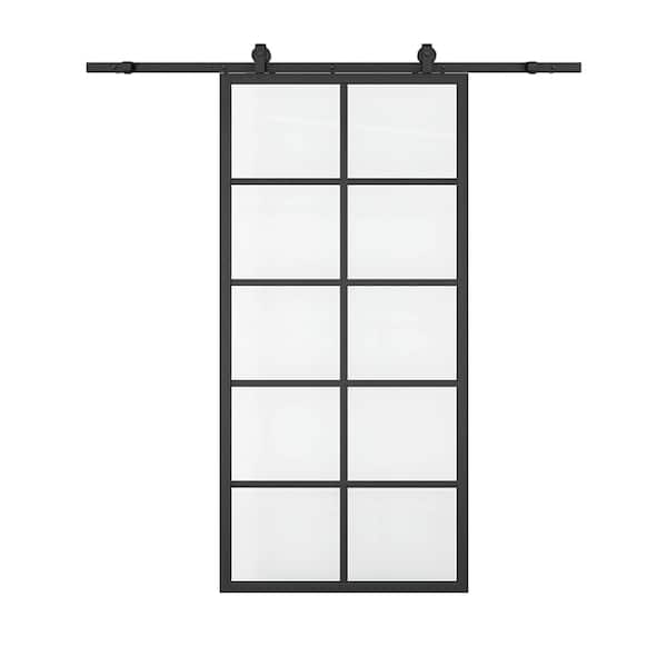 CALHOME 30 in. x 84 in. 10 Lite Clear Glass Black Aluminum Frame Interior Sliding Barn Door with Hardware Kit