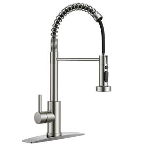 Single Handle Spring Gooseneck Pull Down Sprayer Kitchen Faucet with Soap Dispenser Swivel Spout in Brushed Nickel