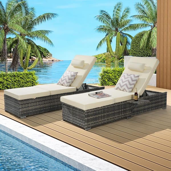 Unbranded Brown Wicker Outdoor Patio Chaise Lounge Chair, Lying in bed with Adjustable Backrest and Removable Beige Cushions