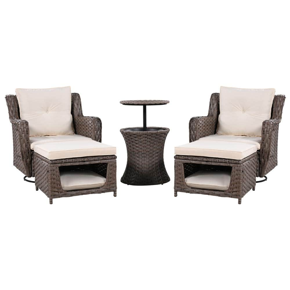 Brown 5-piece Wicker Outdoor Patio Conversation Set with Beige Cushions and Swivel Rocking Chairs, Retractable Side Tray -  matrix decor, MD-SK000006AAA