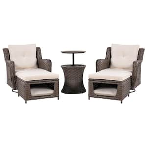 Brown 5-piece Wicker Outdoor Patio Conversation Set with Beige Cushions and Swivel Rocking Chairs, Retractable Side Tray