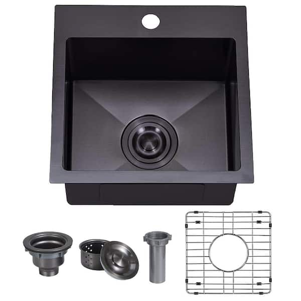 15 in. Drop-In Single Bowl 16-Gauge Gunmetal Black Stainless Steel Bar Sink with Grid and Drain, 9 in. Deep