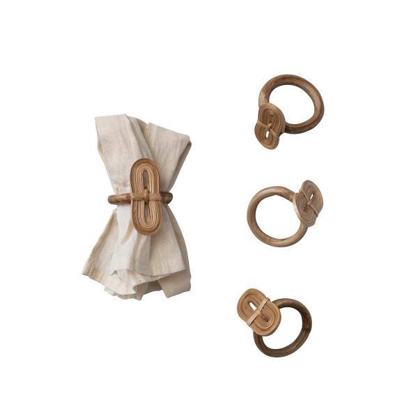 Natural Bamboo Woven Napkin Rings with Linen Bag, Set of 4