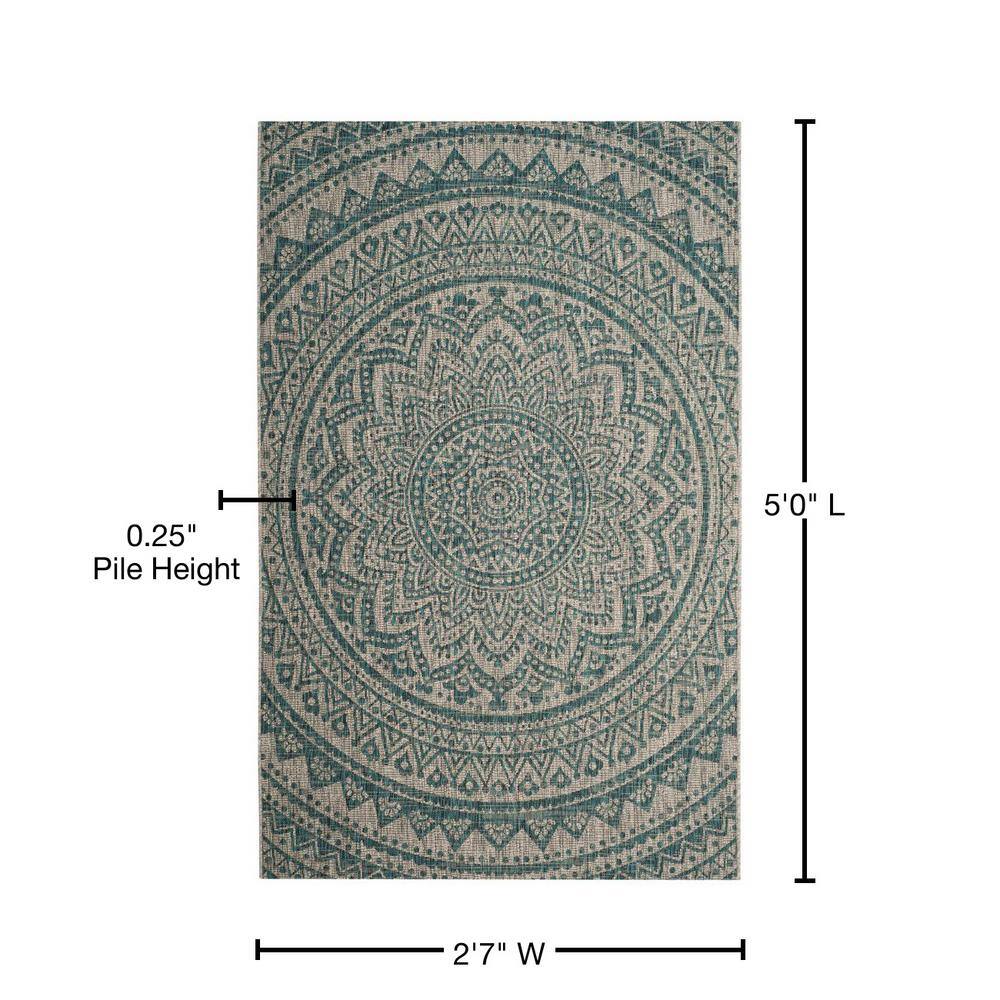 Light Grey/Teal Easy-Care Rectangular Synthetic Area Rug 5' x 7'