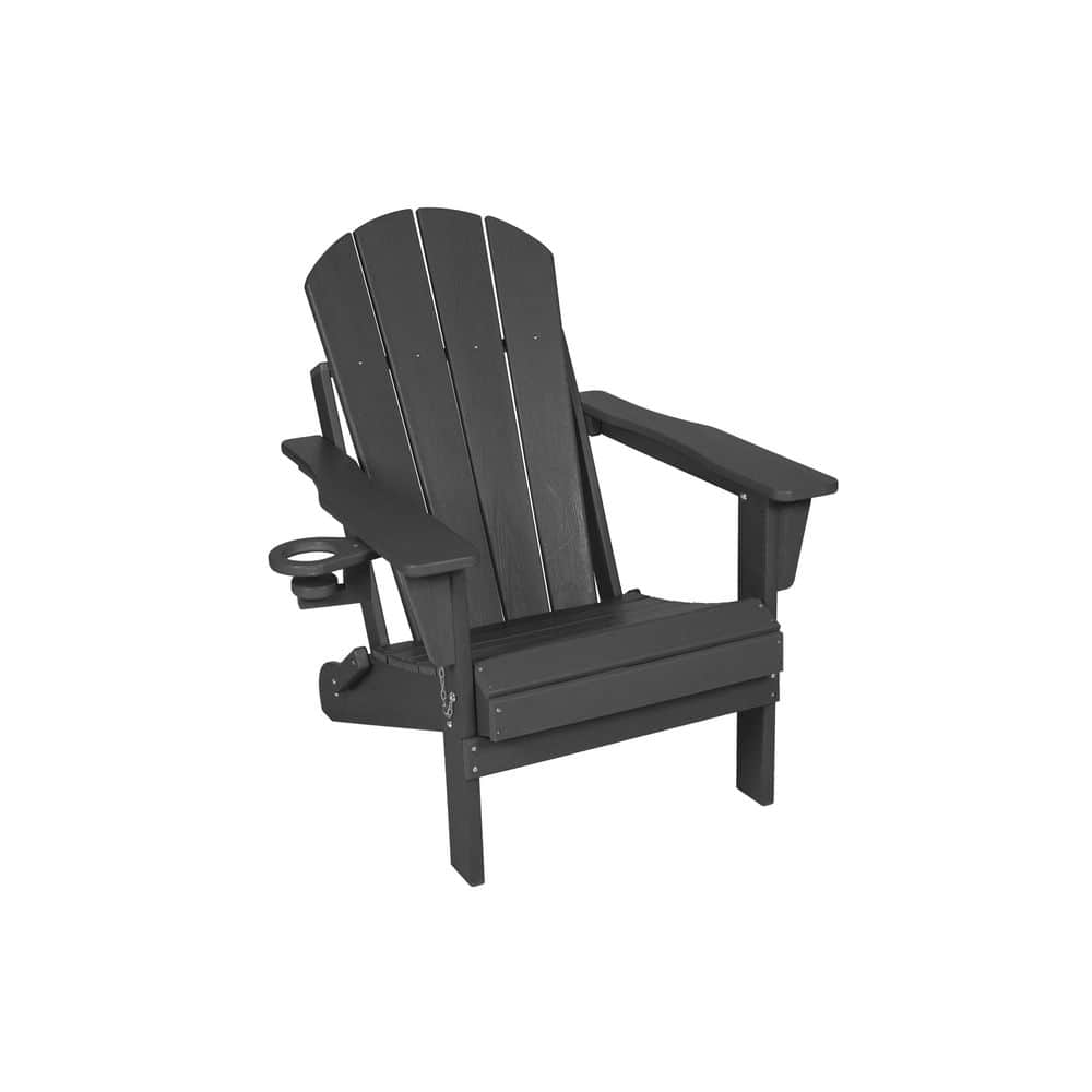 Folding Gray Adirondack Chair with Dual Cup Holder-Composite Material Textu