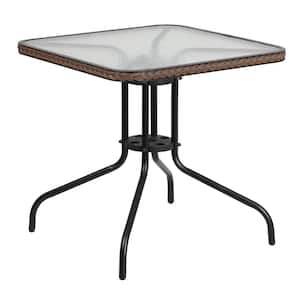 Clear Top/Dark Brown Rattan Square Metal Outdoor Bistro Table
