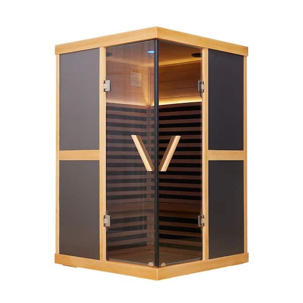 2-Person V-Shaped Hemlock Infrared Sauna, 10 Heaters, Bluetooth Music, Double Glass Doors, Foot Temp Control, 1980W