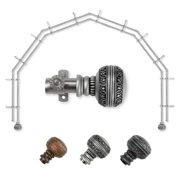 EMOH 13/16" Dia Adjustable 6-Sided Double Bay Window Curtain Rod 28 to 48" (each side) with Hudson Finials in Satin Nickel