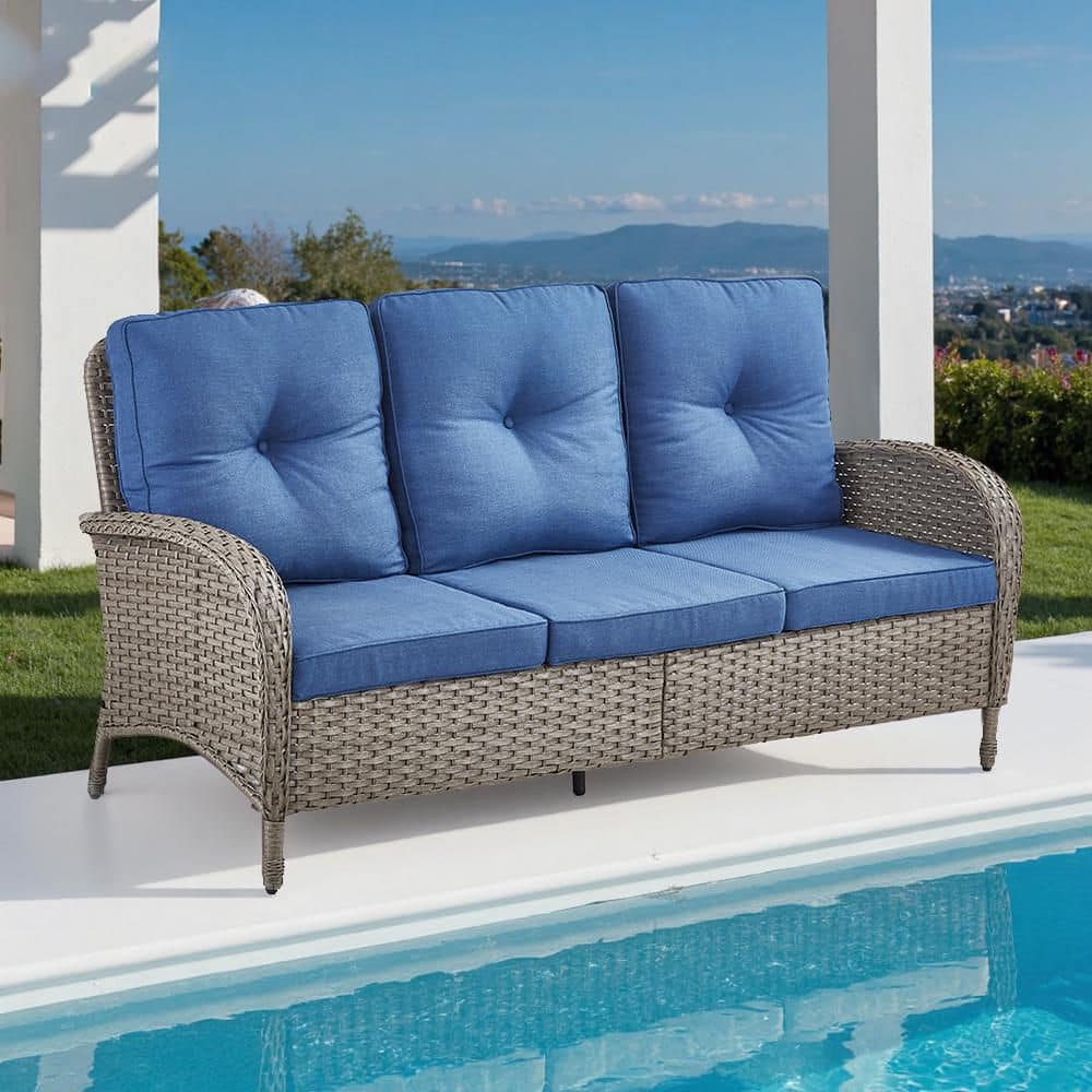 Flat armrest series 3 Seat Gray Wicker Outdoor Patio Sofa Couch with Deep Seating and Blue Cushions price history on PriceWatchPro