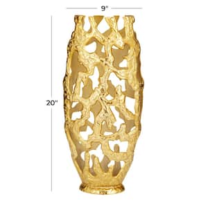 20 in. Gold Aluminum Metal Decorative Vase with Cut Out Designs
