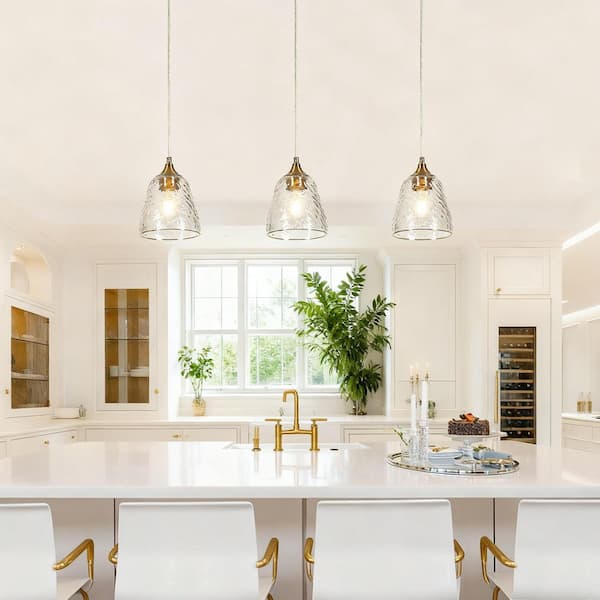 Aurabe Modern 1-Light Plated Brass Bell Pendant Light with Textured Glass Shade, Dining Room Kitchen Island Chandelier
