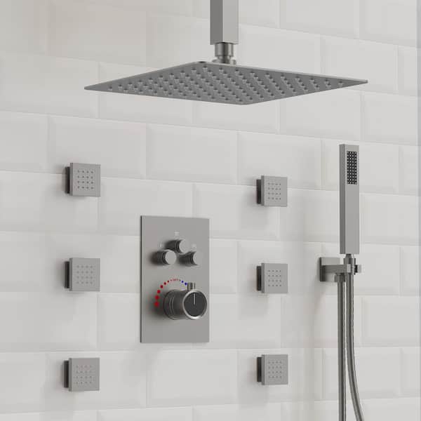 GRANDJOY Multiple Press 7-Spray Ceiling Mount 12 in. Fixed and Handheld Shower Head 2.5 GPM in Brushed Nickel