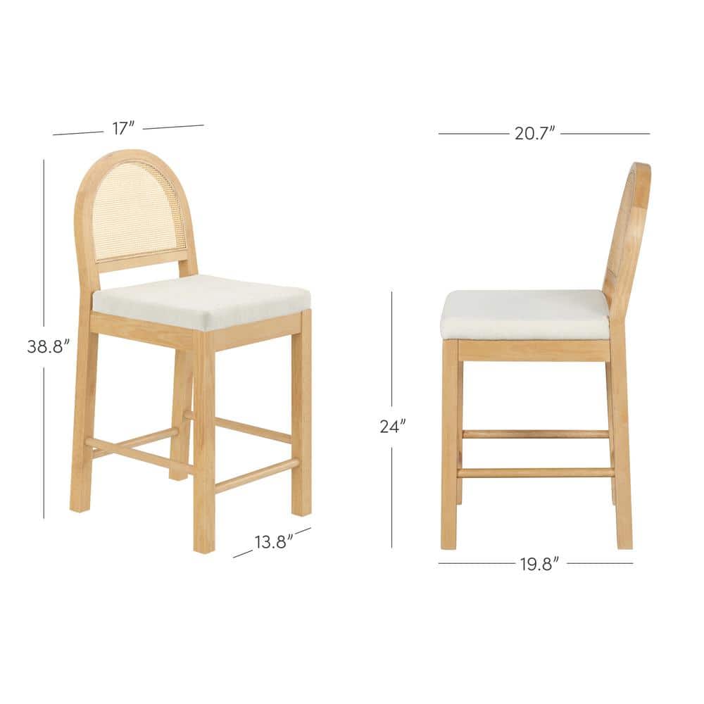 Light Oak and Rattan Counter Height Bar Stools with Boucle Seats, Set of 2
