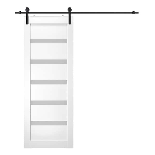Leora 35.875 in. x 95.25 in. 7-Lite Frosted Glass Bianco Noble Wood Composite Sliding Barn Door with Hardware Kit