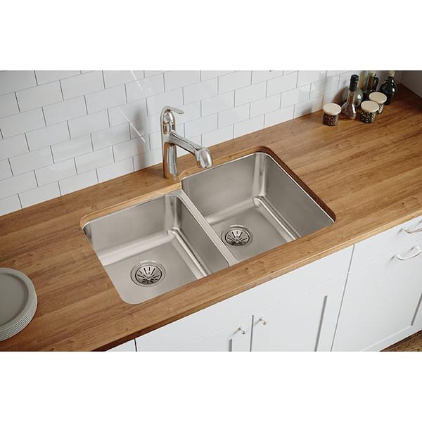 Lustertone Classic 31 in. Undermount Offset Double Bowl 18-Gauge Stainless Steel Kitchen Sink Only