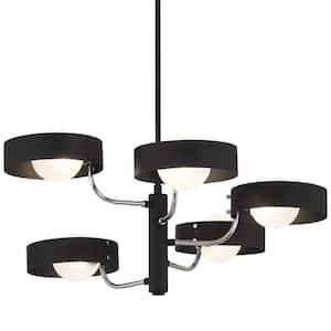 Lift Off 5-Light Sand Black and Polished Nickel Cluster Chandelier with Etched Glass Globe Shades