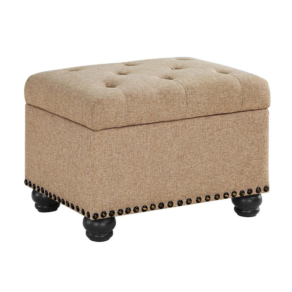 Tan Tufted Storage Ottoman with Nailhead Trim