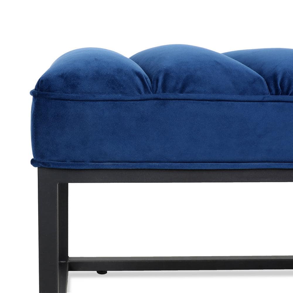 Navy Blue Velvet Upholstered Metal Frame Bedroom Bench