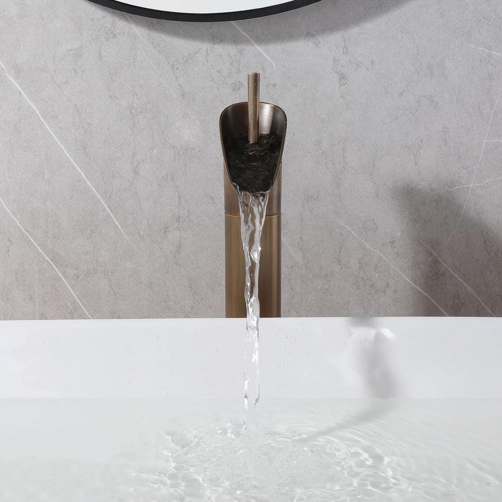 Antique Brass Tall Waterfall Bathroom Vessel Sink Faucet