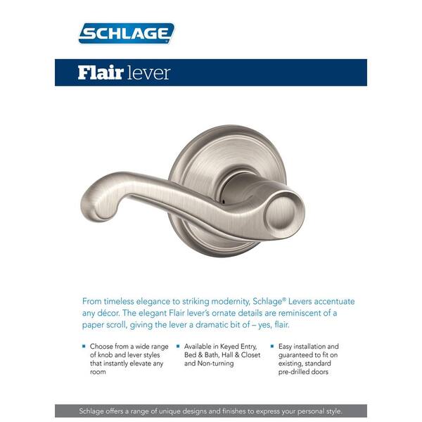 Schlage F10FLA619 Flair Passage Lever Satin Nickel Hall//Closet Lever Set ADA