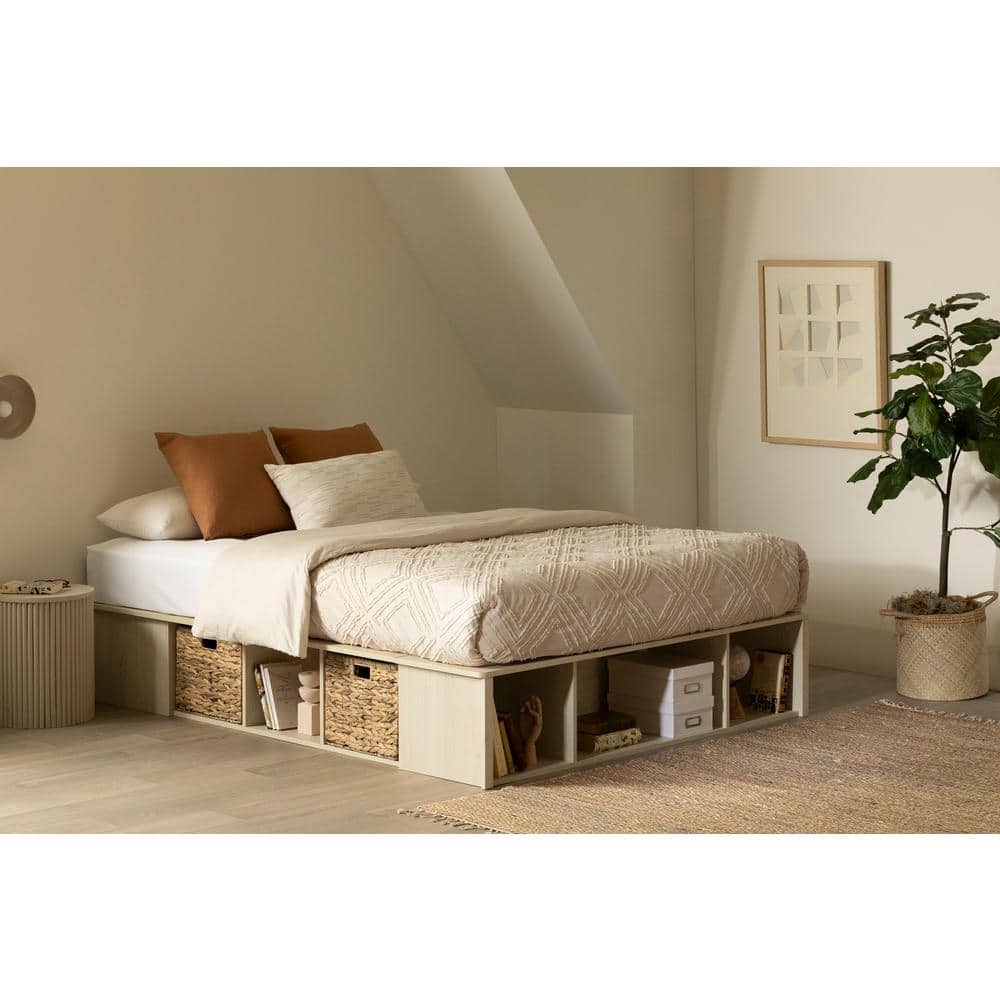 Bleached Oak Full Captain's Bed with Storage and Wicker Baskets