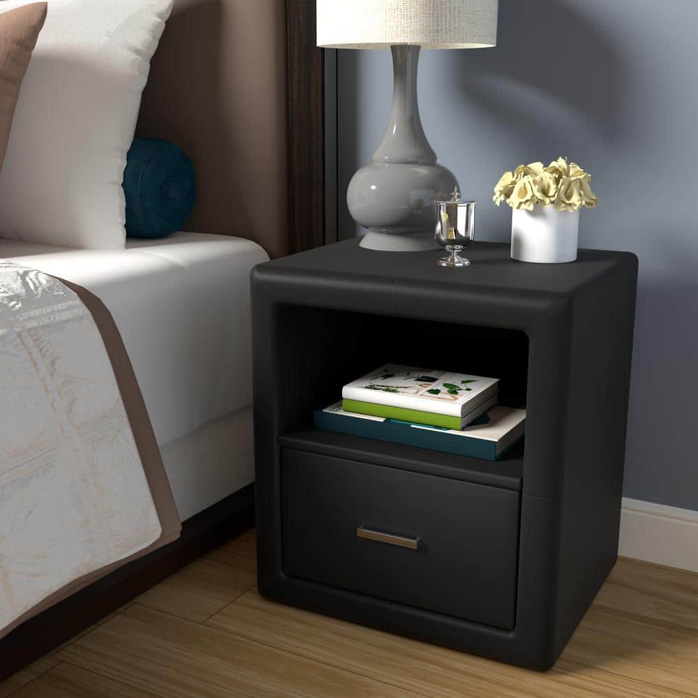 Lombardi Upholstered 1-Drawer Nightstand with Storage Shelf, Black Faux Lea