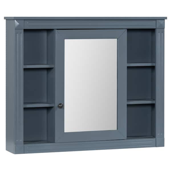 HOMEIBRO 35 in. W x 28.7 in. H Blue Rectangular Wood Medicine Cabinet with Mirror