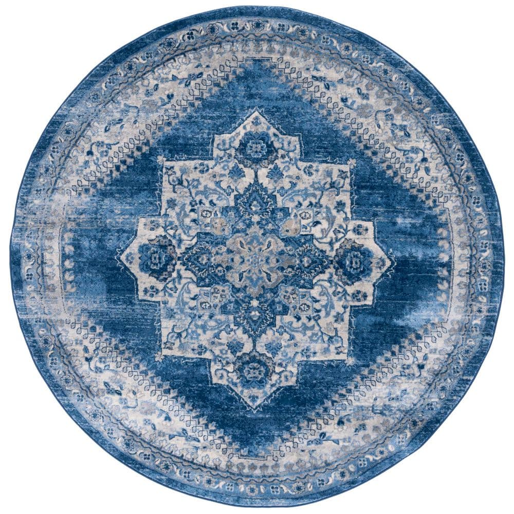 SAFAVIEH Brentwood 7 ft. x 7 ft. Ivory/Blue Medallion Traditional Round ...