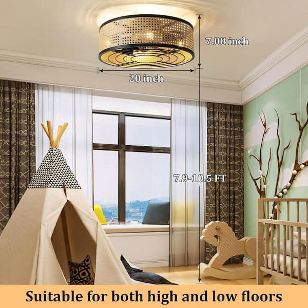 20 in. Indoor Rattan Woven Caged Fandelier Boho Black Ceiling Fan With Light and Remote Control 6-Speed Reversible Motor