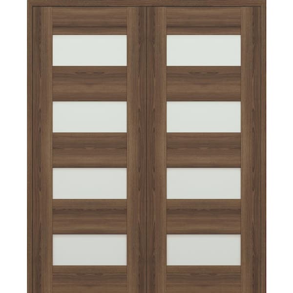 Vona 07-08 64 in. x 80 in. Both Active 4-Lite Frosted Glass Pecan Nutwood Wood Composite Double Prehung Interior Door