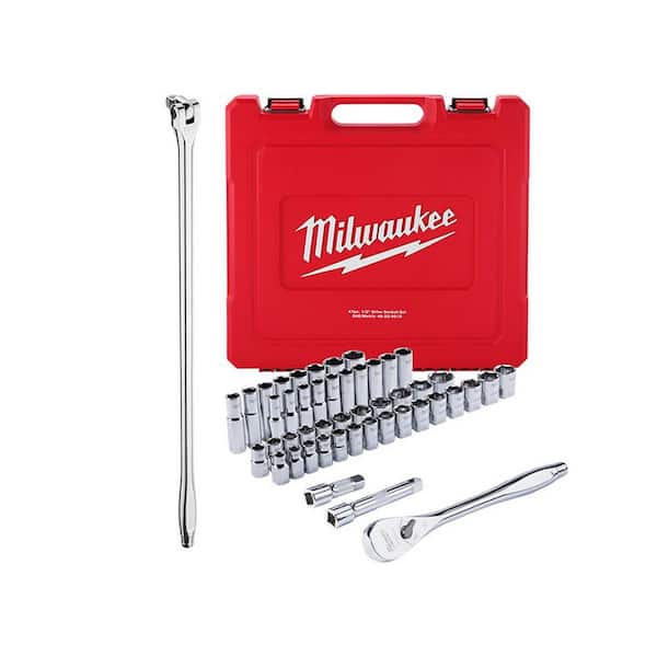 Milwaukee 1/2 in. Drive 24 in. Breaker Bar and 1/2 in. Drive SAE/Metric Ratchet and Socket Mechanics Tool Set (48-Piece)