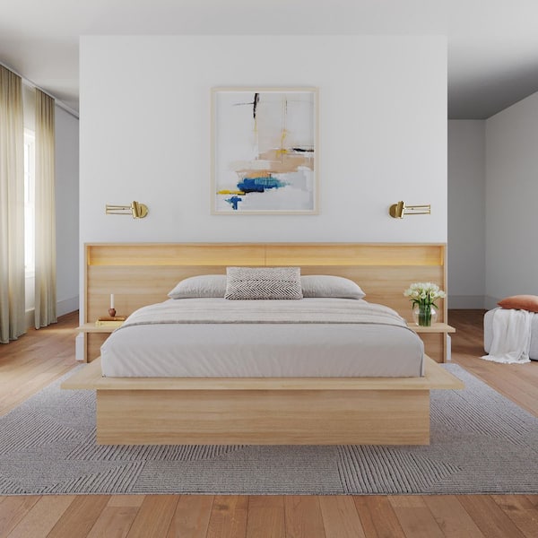 Nexera Monroe Beige Oak Frame Queen Size Platform Bed with Wide Headboard with Shelves and Integrated Lighting