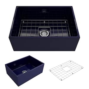 Contempo Farmhouse/Apron-Front Fireclay 27 in. Single Bowl Kitchen Sink with Bottom Grid and Strainer in Sapphire Blue