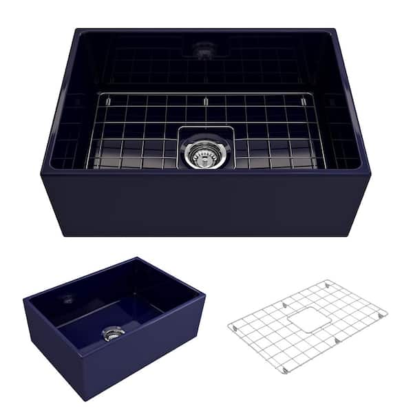 BOCCHI Contempo Farmhouse/Apron-Front Fireclay 27 in. Single Bowl Kitchen Sink with Bottom Grid and Strainer in Sapphire Blue