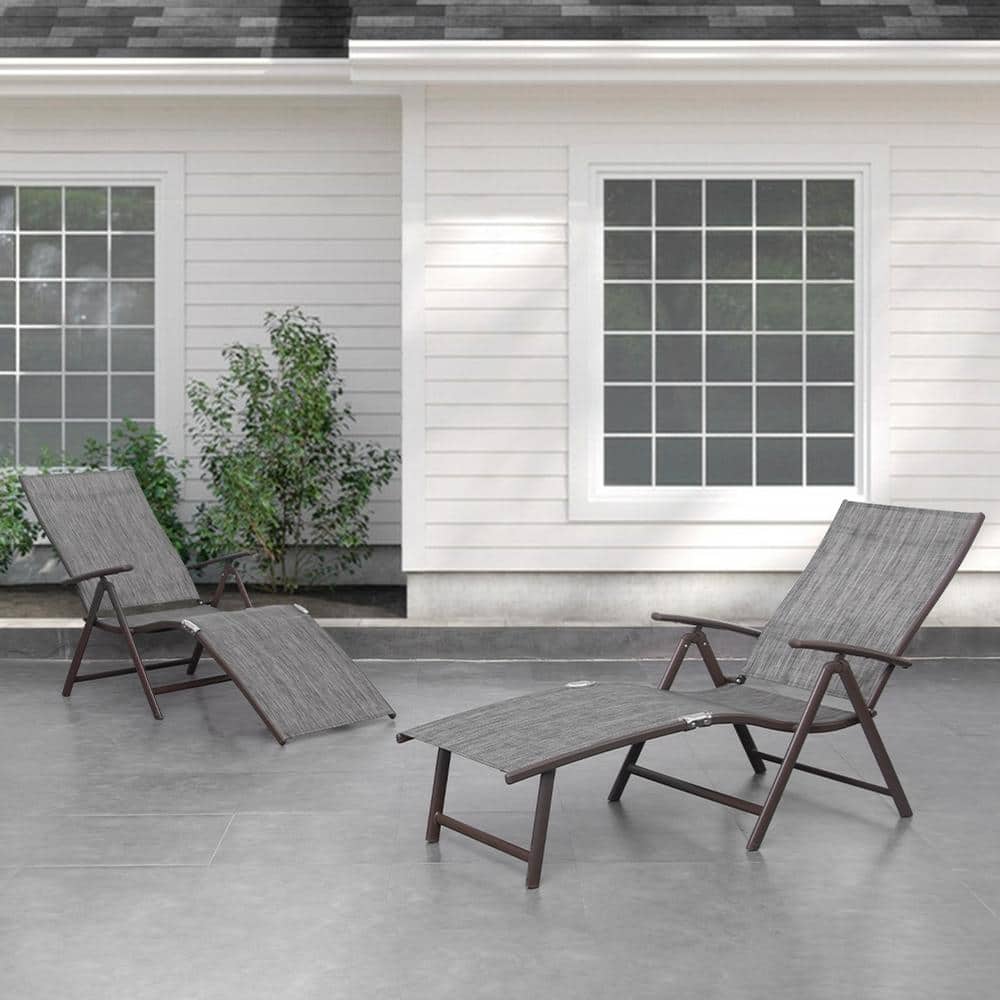 Set of 2 Gray and Brown Aluminum Adjustable Chaise Lounges