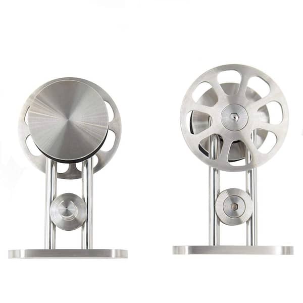 8 ft./96 in. Stainless Steel Sliding Spoke Wheel Barn Door Hardware Kit for Double Door with Non-Routed Floor Guide 8 ft./96 in. Stainless Steel Sliding Spoke Wheel Barn Door Hardware Kit for Double Door with Non-Routed Floor Guide