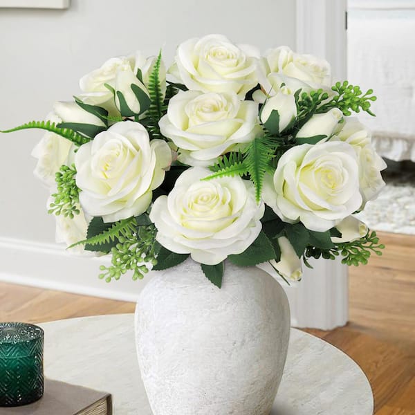 LIVING LUXURY 18 in. Cream White Artificial Rose Flower Stem Bush Bouquet (Set of 2)