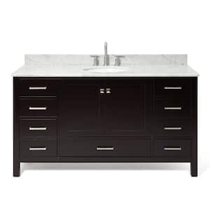 Cambridge 61 in. W x 22 in. D x 35.25 in. H Vanity in Espresso with White Marble Vanity Top with Basin