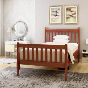 41.30 in. W Walnut Twin Size Wooden Platform Bed with Strip Headboard and Footboard